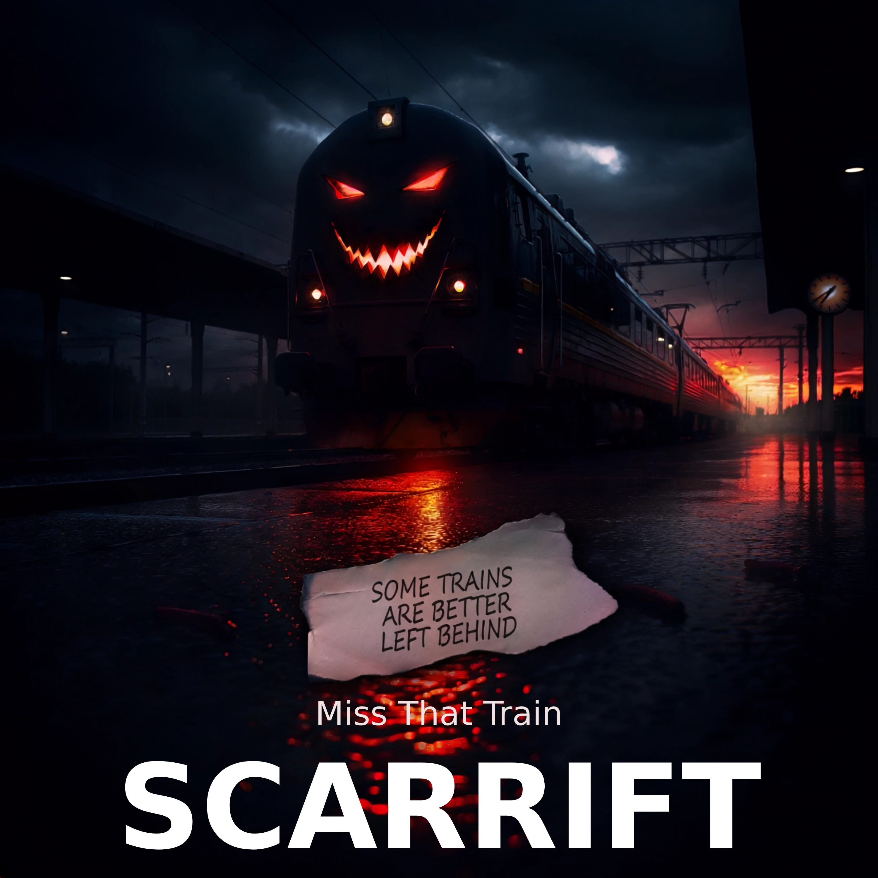 Original Miss That Train cover artwork: a dark train at a rain-soaked platform.