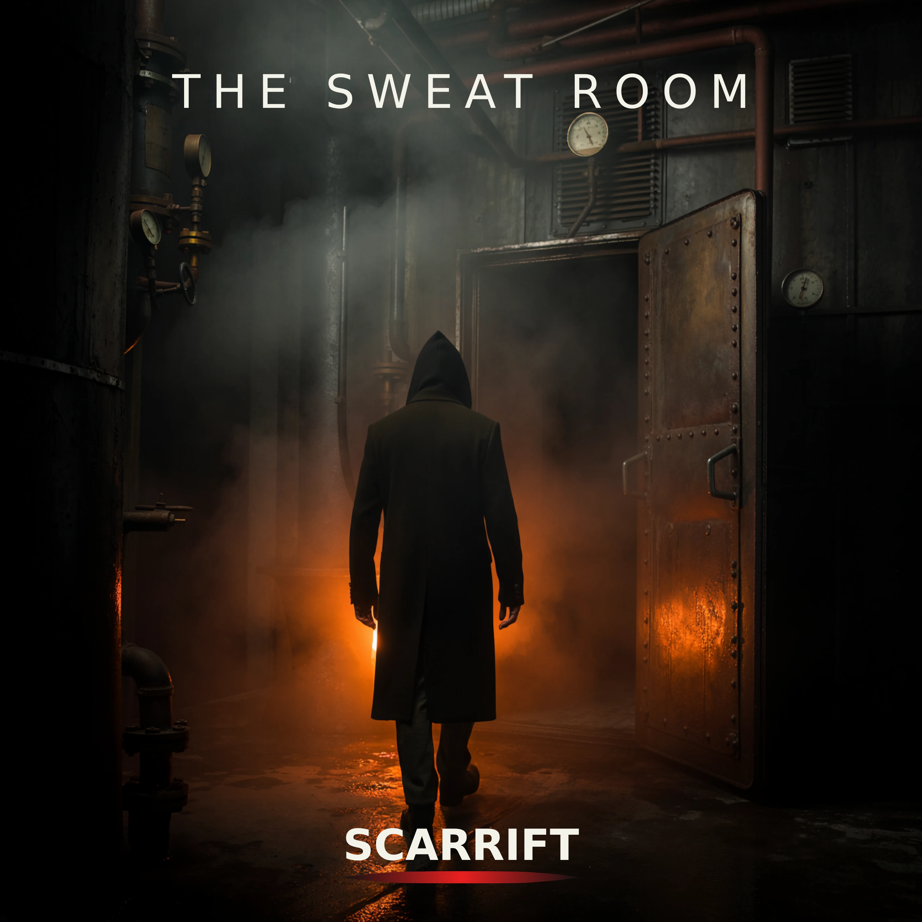 Anonymous hooded figure seen from behind in a dim industrial room; the face remains hidden.