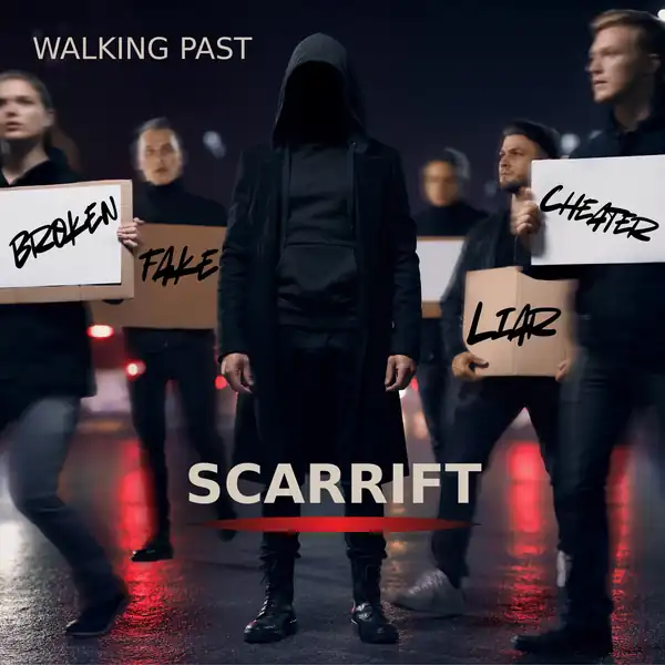 Official Walking Past cover artwork featuring SCARRIFT surrounded by passing figures carrying labels.